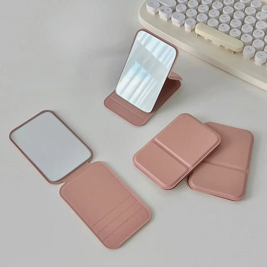 Desktop Makeup Mirror Solid Color PU Leather Simple Portable Handheld Makeup Mirror Foldable Student Compact Cute Pocket Mirror